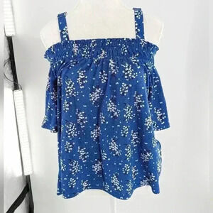 Melloday medium blue floral short Open sleeve blouse With Adjustable Straps